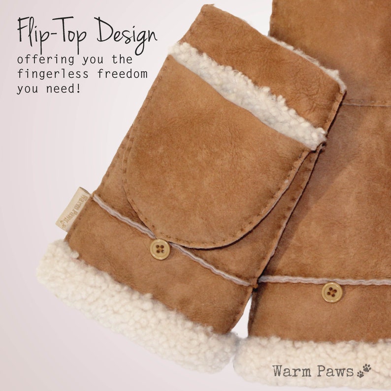 100% Vegan fingerless winter mittens for women, convertible flip top faux fur sherpa & leather mitten, extra warm for cold weather - brown camel
