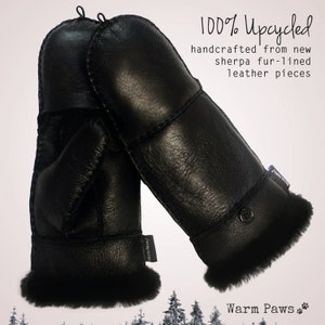 100% Upcycled fingerless winter mittens for women, convertible flip top fur sherpa & leather mitten, extra warm for cold weather brown image 2