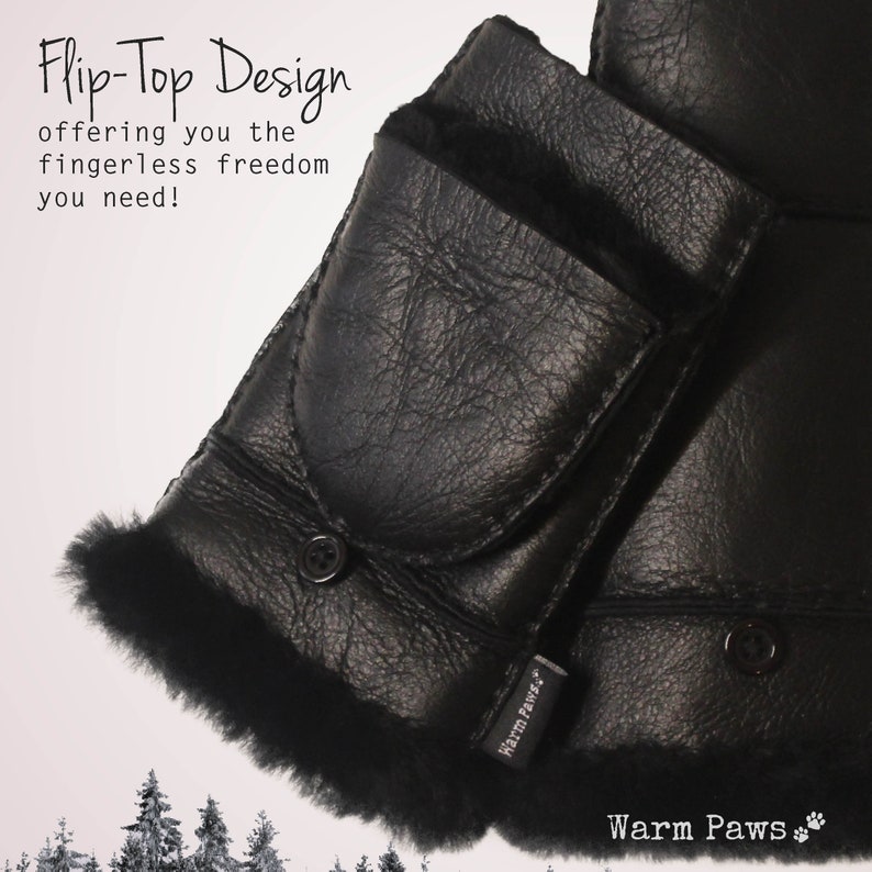 100% Vegan fingerless winter mittens for women, convertible flip top faux fur sherpa & leather mitten, extra warm for cold weather - black