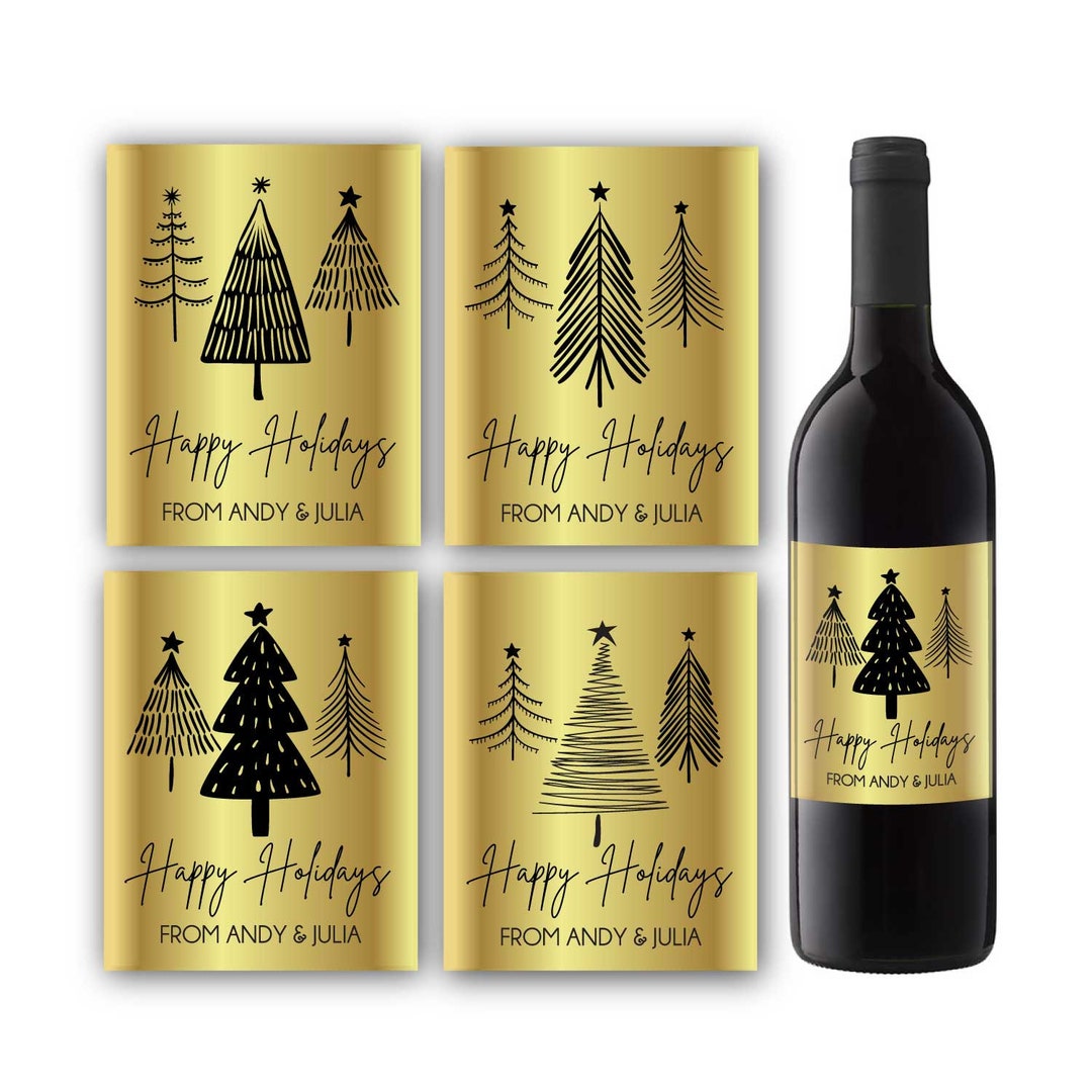 Personalized Metallic Gold Christmas Tree Wine Labels Etsy