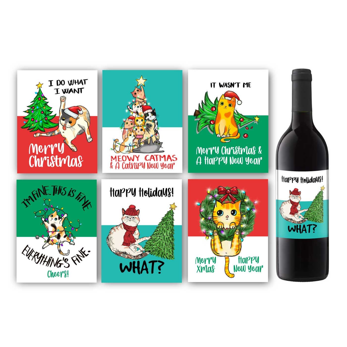 Funny Christmas Wine Labels - Kitty Cat Christmas Gift Wine Labels - Wine Gift - Kitten Wine Label - Holiday Gift Wine Label Set of 6 Labels