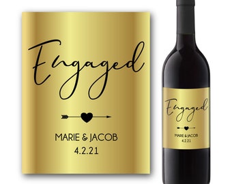 Engagement Gift For Couple - Engaged Wine Gift - Personalized Wine Label -  Metallic Gold Wine Label