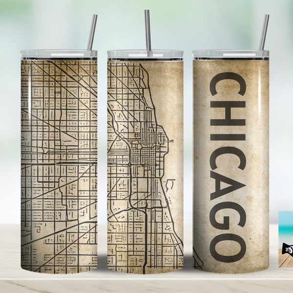 Chicago Street Map Tumbler - 20 Ounce Tumbler / Stainless Steel Insulated Tumbler / Vintage Chicago Map Tumbler Cup / Chicago City Gift