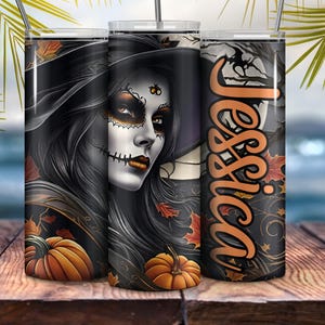 Custom Name Witch Tumbler -  Witch Themed Gift Idea - Halloween Themed 20 Ounce Skinny Tumbler Cup - Trending Halloween Gift for BFF or Mom
