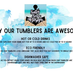 Puede incluir: Un fondo azul acuarela con el texto "WHY OUR TUMBLERS ARE AWESOME:" en negro. El texto "HOT OR COLD DRINKS" est&aacute; en negro y el texto "OUR CUPS KEEP YOUR DRINK HOT FOR UP TO 8 HOURS AND ICE COLD FOR UP TO 12 HOURS!" est&aacute; en negro. El texto "ECO FRIENDLY" est&aacute; en negro y el texto "NOT ONLY DO OUR TUMBLERS LOOK AWESOME THEY ALSO HELP YOU SAY GOODBYE TO SINGLE USE PLASTICS!" est&aacute; en negro. El texto "DISHWASHER SAFE" est&aacute; en negro y el texto "AS LONG AS YOU DO NOT WASH YOUR DISHES ON HIGH HEAT OR STEAM WASH OUR TUMBLERS ARE TOTALLY DISHWASHER SAFE AND WILL NOT FADE OVER TIME IN THE DISHWASHER!" est&aacute; en negro.