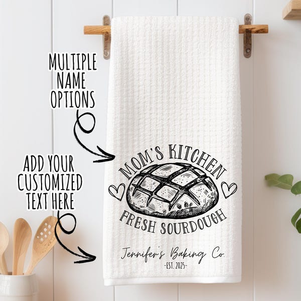 Toalla de cocina personalizada con diseño de pan de masa madre, regalo personalizado para panaderos, regalo para iniciadores de masa madre, regalo para hornear pan, decoración de cocina rústica.