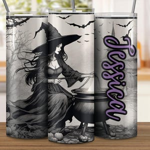 Custom Name Witch Tumbler -  Witch Themed Gift Idea - Halloween Themed 20 Ounce Skinny Tumbler Cup - Trending Halloween Gift for BFF or Mom