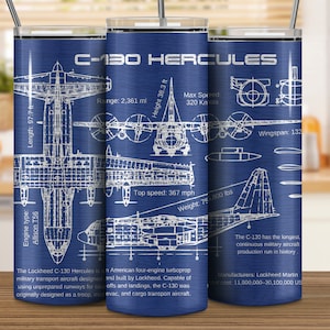 C-130 Hercules Blueprint Tumbler: Vintage Aviation Cup, 20 oz Stainless Steel