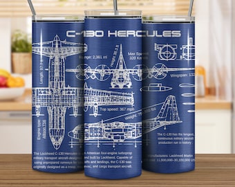 May include: A blue stainless steel tumbler with a white outline of a C-130 Hercules aircraft and technical specifications. The text "C-130 HERCULES" is printed on the tumbler.