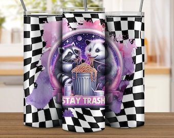 Stay Trashy Raccoon Opossum 20oz Tumbler: Retro Plaid Stainless Steel Cup