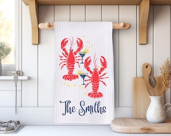 Personalized Lobster Kitchen Towel, Coastal Tea Towel, Custom Family Name Towel, Beach House Decor, Lobster Martini Kitchen Decor Gift