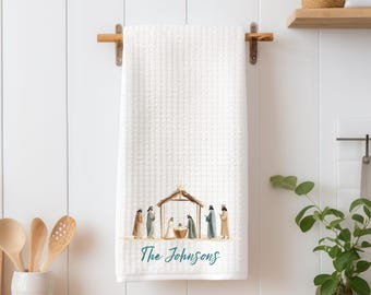 Personalized Nativity Scene Tea Towel: Farmhouse Christmas Kitchen Decor