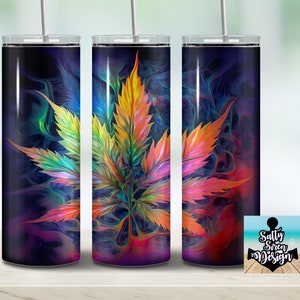 May include: Three stainless steel tumblers with a colorful marijuana leaf design on a black background. The tumblers have a clear lid and a straw.