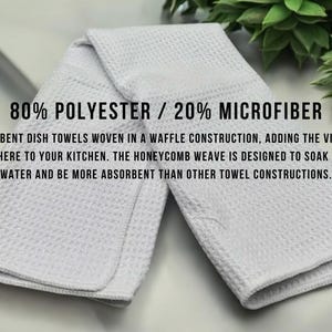 May include: White absorbent dish towels with a waffle weave. The towels are made of 80% polyester and 20% microfiber. The text on the image says the towels add a vintage atmosphere to your kitchen.