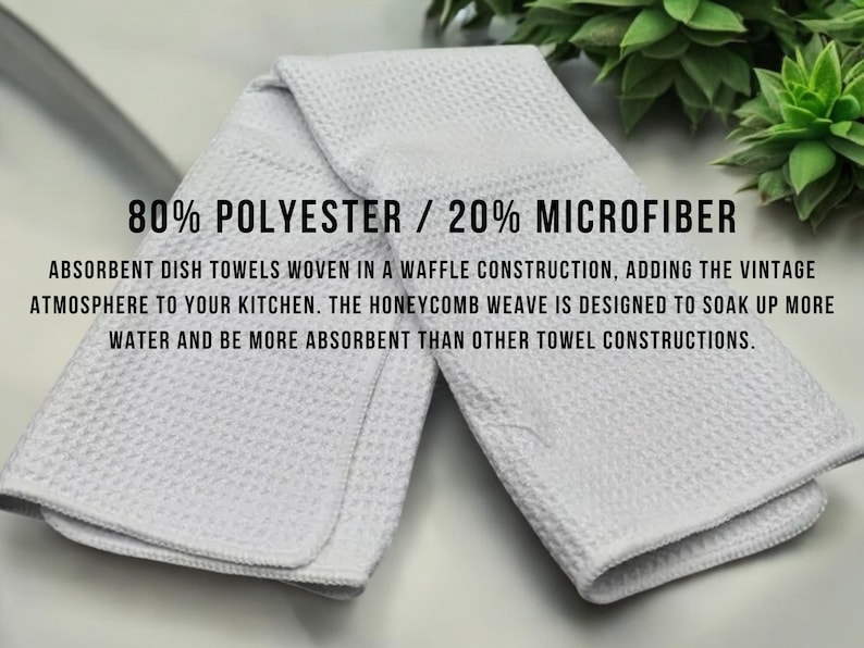 May include: White absorbent dish towels with a waffle weave. The towels are made of 80% polyester and 20% microfiber. The text on the image says the towels add a vintage atmosphere to your kitchen.