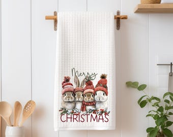 Christmas Bunnies Waffle Weave Tea Towel: Farmhouse Kitchen Decor