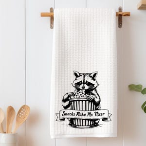 Snacks Makes Me Nicer -  Cute Raccoon Mom Kitchen Towel – Gift for Mom or Wife Tea Towel – 16x24 Inches – Microfiber Polyester Blend Towel