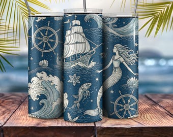 Nautical Tumbler | Vintage Ship, Mermaid, Waves, Insulated 20oz Travel Cup