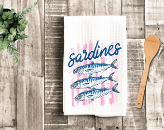 Sardines Kitchen Towel, Coastal Fish Dish Towel, Beach House Decor, Nautical Kitchen Decor, Seafood Lover Gift, Preppy Coastal Tea Towel