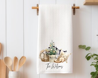 Custom Name Christmas Tea Towel – Farmhouse Winter Kitchen Decor