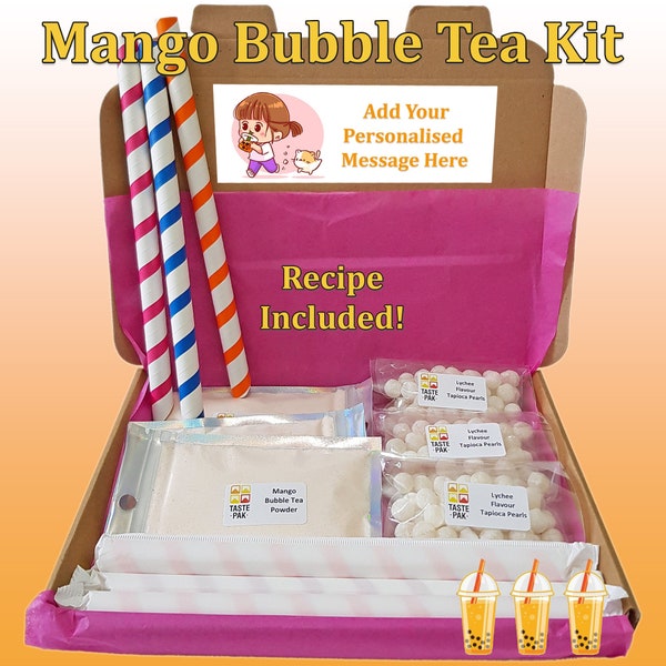 DIY Mango Bubble Tea Boîte aux lettres Cadeau | Kit de thé à bulles | Kit de thé Boba | | cadeaux personnalisés uniques Tapioca Pearl Milk Tea Cadeau | Litchi Boba