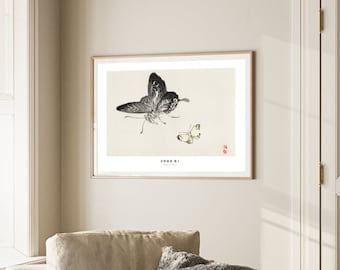 Minimalist Vintage Japanese Butterflies Print, Japandi Decor, Traditional Asian Wall Art, woodblock art print, Japanese poster