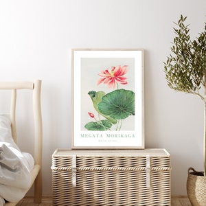Puede incluir: Una ilustraci&oacute;n bot&aacute;nica enmarcada de una flor de loto rosa con hojas verdes. La ilustraci&oacute;n se titula "Megata Morikaga" con el texto "Botany of the East" debajo.