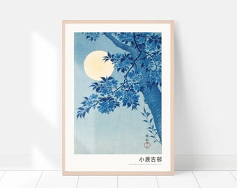 Vintage Japanese full moon art print, Blue moon night art, Famous artist print, Japandi style decor, Ukiyo-e print