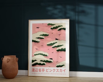 Pink Sky Cloud Wall Art, Watanabe Seitei Print, Japanese Woodblock Poster, Vintage Japan Decor, Room Art