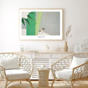 May include: A framed print of a Japanese-style illustration of a sparrow perched on a branch with green leaves against a light gray background. The print has the text "雀" in Japanese characters at the bottom.
