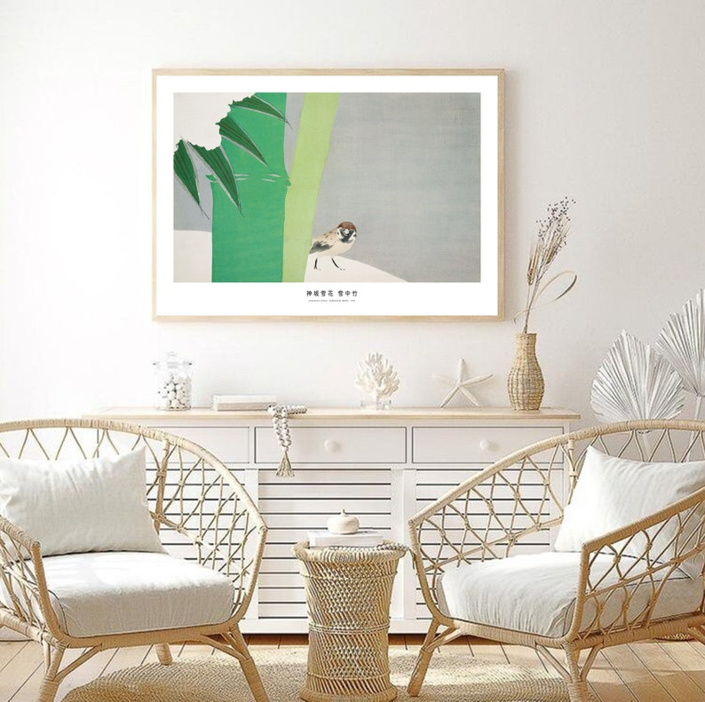 May include: A framed print of a Japanese-style illustration of a sparrow perched on a branch with green leaves against a light gray background. The print has the text "雀" in Japanese characters at the bottom.