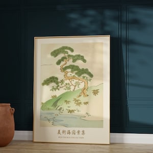 Stampa giapponese d'epoca, stampa di bonsai, poster vintage di pini giapponesi, decorazioni Japandi, arte murale zen