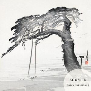 May include: A black and white ink painting of a tree with branches reaching out over a body of water. The tree is drawn in a traditional Japanese style, with a focus on the lines and shapes of the branches and leaves. The water is depicted as a series of horizontal lines, suggesting movement and flow.