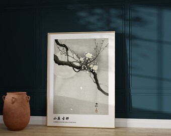 Japanese woodblock full moon print, full moon art, plum flower, plum tree illustration, zen wall art, zen decor, zen poster, black and white