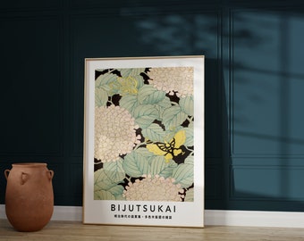 Japandi wall art, Hydrangeas and Butterflies print, Blue Botanical Art Print,  Vintage Japanese woodblock