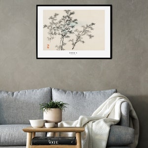 Puede incluir: Impresi&oacute;n enmarcada en blanco y negro de una pintura japonesa con tinta de ramas de bamb&uacute; sobre un fondo beige claro. La impresi&oacute;n tiene el texto "竹影清風" en rojo.