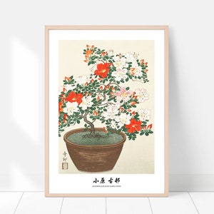Japanese art print, Blooming Azalea Bonsai print, Japandi style wall art, Japanese wall art,  Japanese woodblock, woodblock print