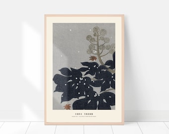 May include: A framed print of a Japanese botanical illustration featuring a dark blue plant with white dots against a light gray background. The plant has large leaves and a smaller cluster of brown flowers at the top. The print includes the text "石楠花  石楠花図譜" in Japanese.