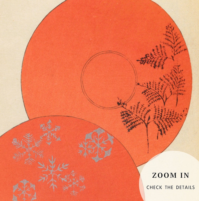 May include: Two orange circular plates with black and silver designs. The top plate has a black fern design and the bottom plate has a silver snowflake design. The text "ZOOM IN CHECK THE DETAILS" is in the bottom right corner.