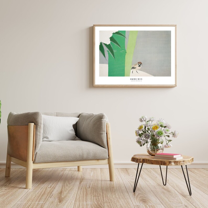 May include: A framed print of a sparrow perched on a branch with green leaves. The print has a light gray background and the Japanese text "雀" (sparrow) in the bottom right corner.