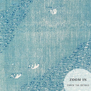 May include: A blue and white abstract print with a textured background. The print features a pattern of small white lines that resemble waves or water. The print also features a few white birds flying in the sky.