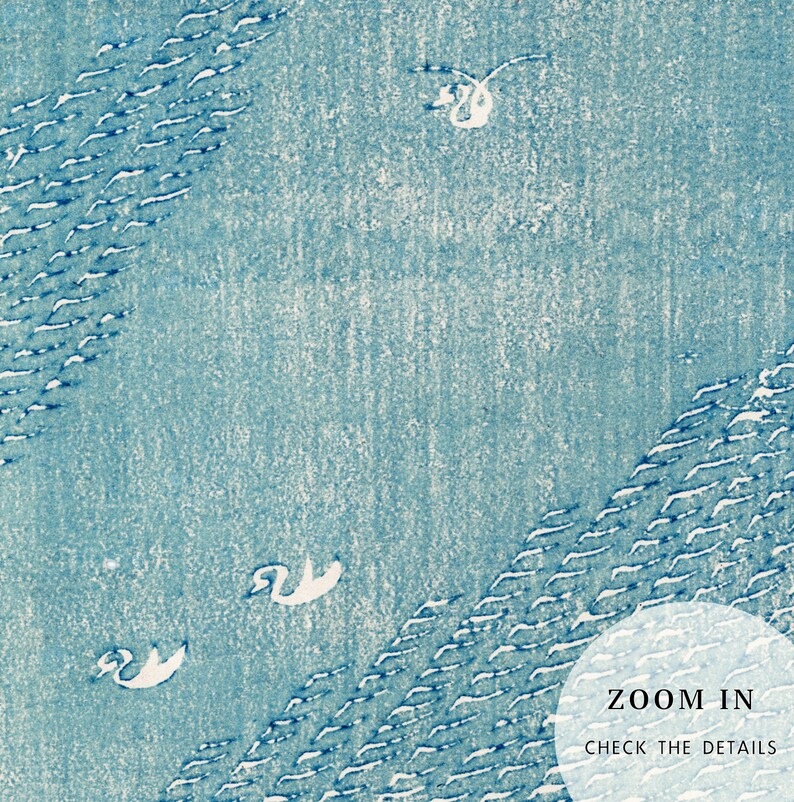 May include: A blue and white abstract print with a textured background. The print features a pattern of small white lines that resemble waves or water. The print also features a few white birds flying in the sky.