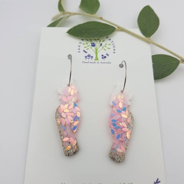 Galah Statement Earrings, Cockatoo dangle earrings, Cute hoop earrings, Native bird jewellery, Bird lover gift, Unique jewelry, Pink parrot