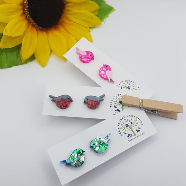 Small bird stud earrings, Cute studs, Handmade in Australia, Bird lover gift idea, 12x15 mm, Kids jewellery