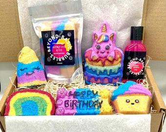 Rainbow Unicorn Birthday Bath Bomb Gift Set- Shower Gel, Vegan, Birthday Present, Custom Gift for her, Bath Bombs for kids, Gifts for kids