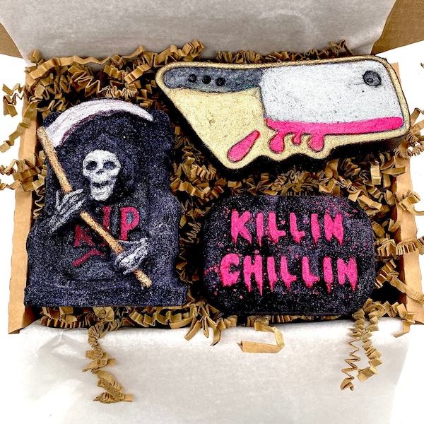 Set de regalo de bombas de baño de películas de terror: bombas de baño veganas de Halloween (Reino Unido), regalo de cuidado personal espeluznante para ella, bombas de baño efervescentes inspiradas en películas de terror.