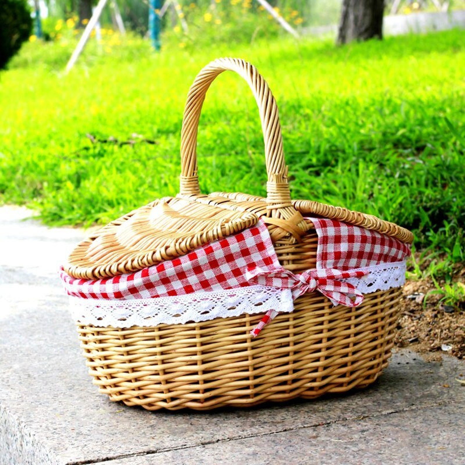 Handmade Rattan Wicker Picnic Basket With Handle Natural Etsy