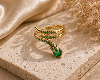 Emerald Serpent Wrap Ring | Gold Snake Ring with Green Crystal | Adjustable Statement Ring | Bold Feminine Jewelry