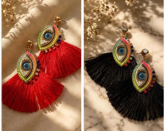 Colorful Evil Eye Tassel Earrings, Boho Statement Earrings, Fringe Earrings, Summer Jewelry, Vacation Outfit Accessories, Gift for Her
