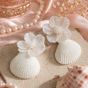 Coastal Shell Flower Earrings, Beach Bridal Earrings, Pearl Floral Statement Earrings, Summer Vacation Jewelry, Ocean Inspired Gift